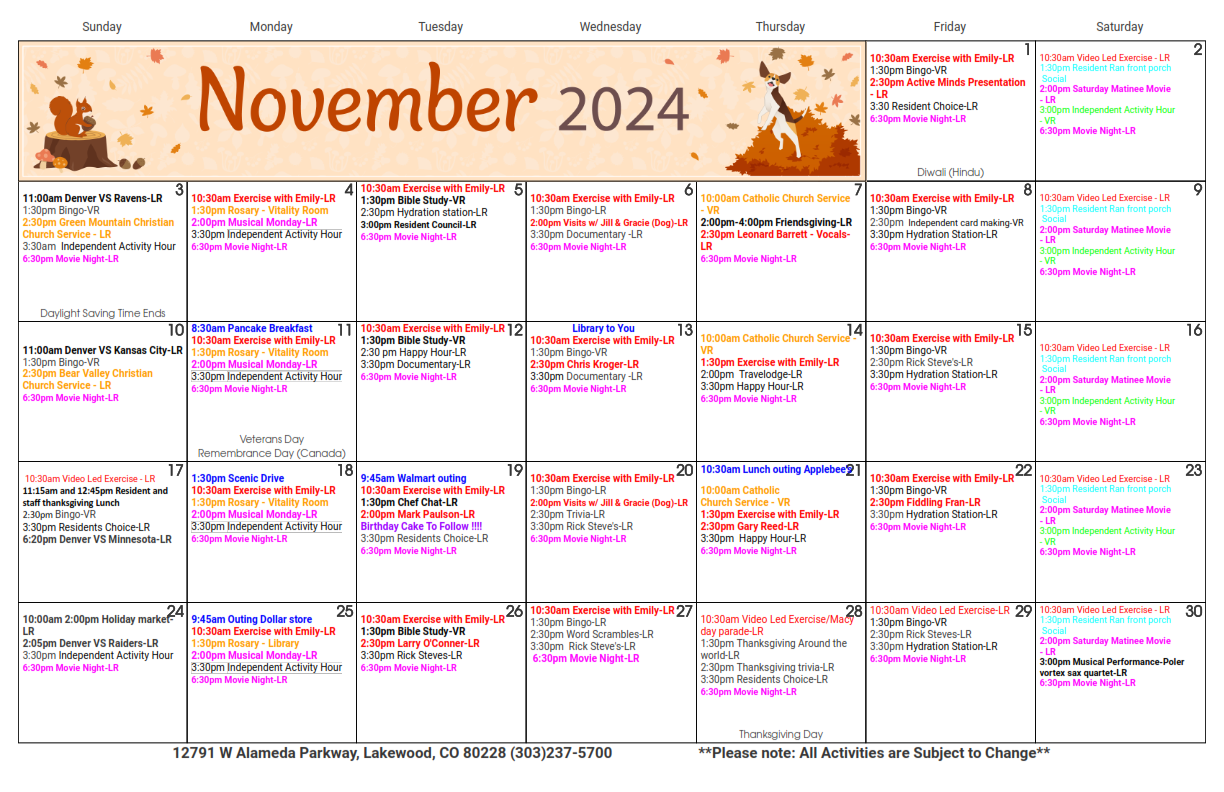 Woodlake Legacy Senior Living - November Calendar